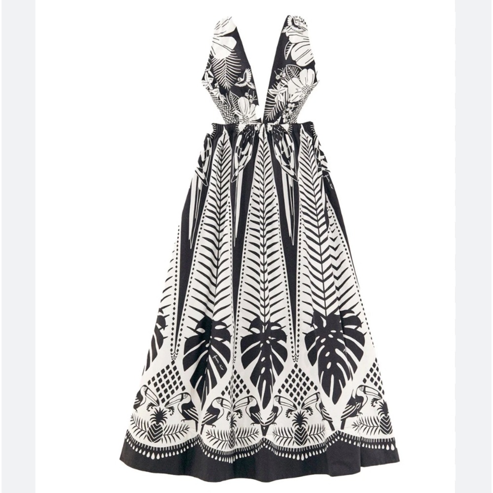 NWT Farm Rio: Anthropologie Farm Rio Macaw Elegance Black Cotton Maxi Dress - Picture 5 of 8